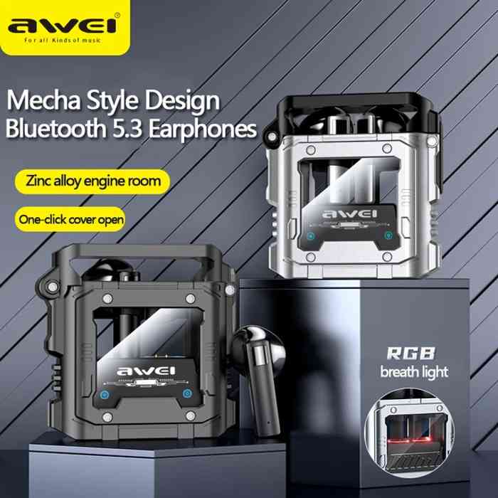 Awei T63 Zinc Alloy Wireless Bluetooth Earphones Bullet Cover Design Hifi Sound Headphones Mechanical TWS RGB Light Headset